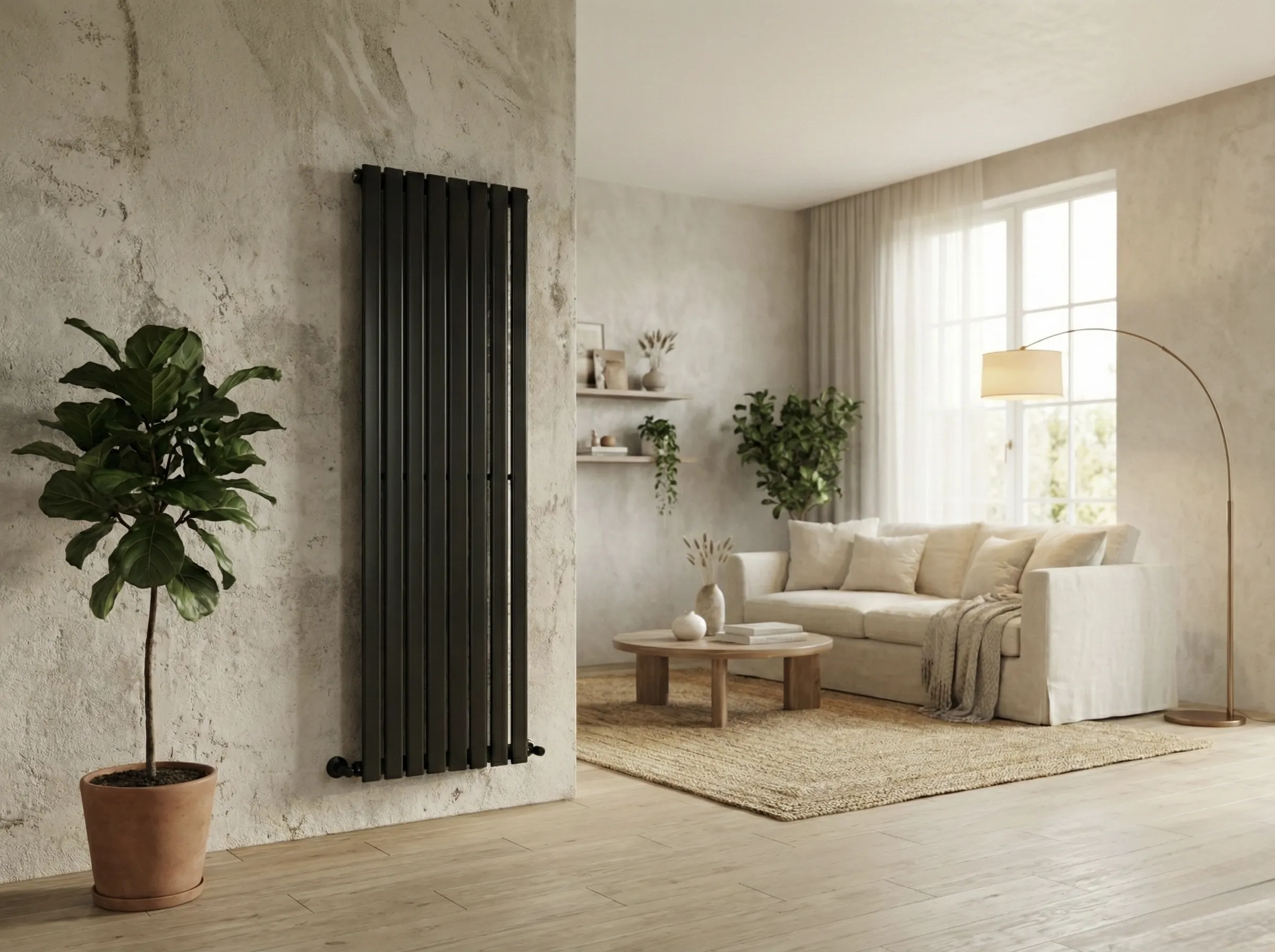 Радіатор опалення вертикальний в інтер'єрі з панорамними вікнами.