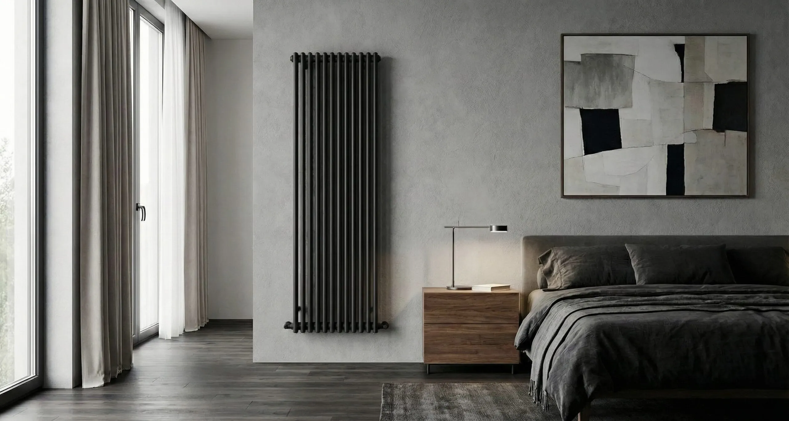 Дизайнерський трубчастий радіатор в інтер'єрі спальні.